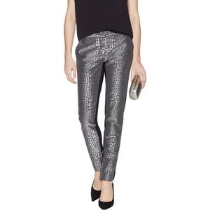 Diane Von Furstenberg Metallic Croc-Embossed Pants Silver Black Ankle Zipper